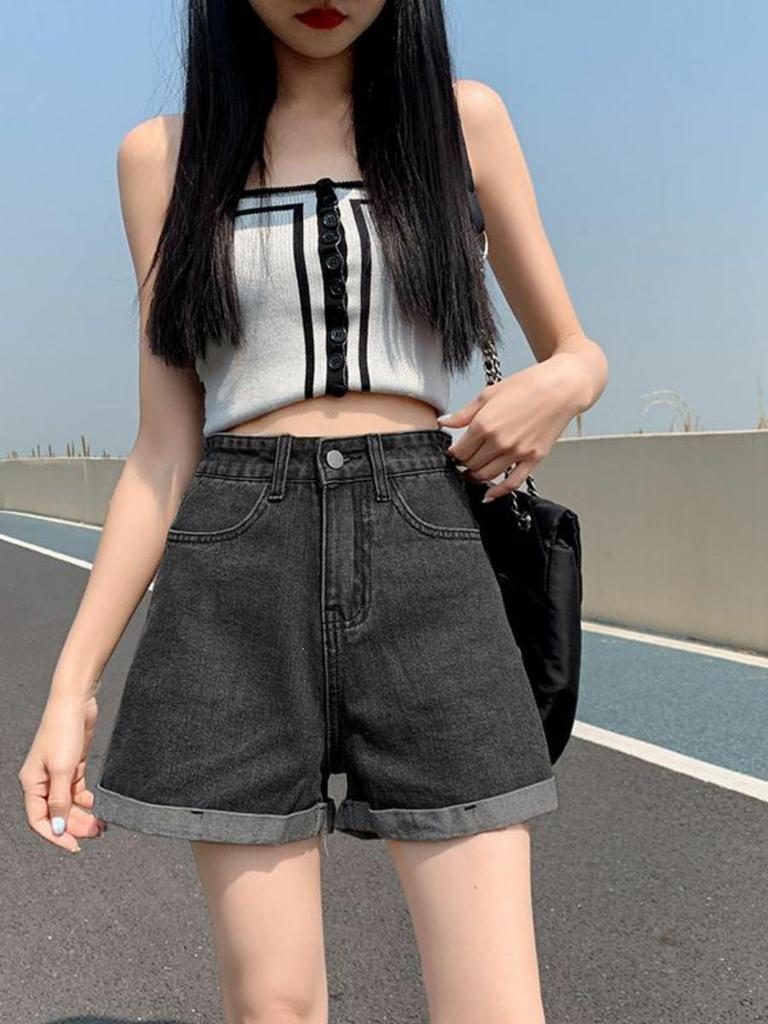2026 Korean Style Gradient High-Waisted Loose Denim Shorts for Women