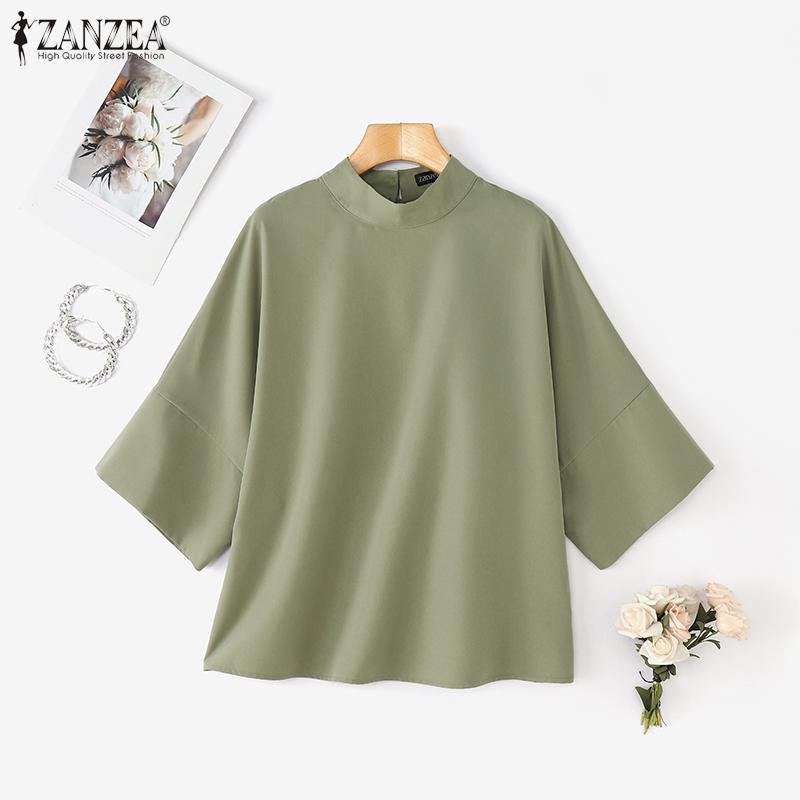 ZANZEA Womens Casual Stand Collar Loose Summer Half Sleeve Blouse