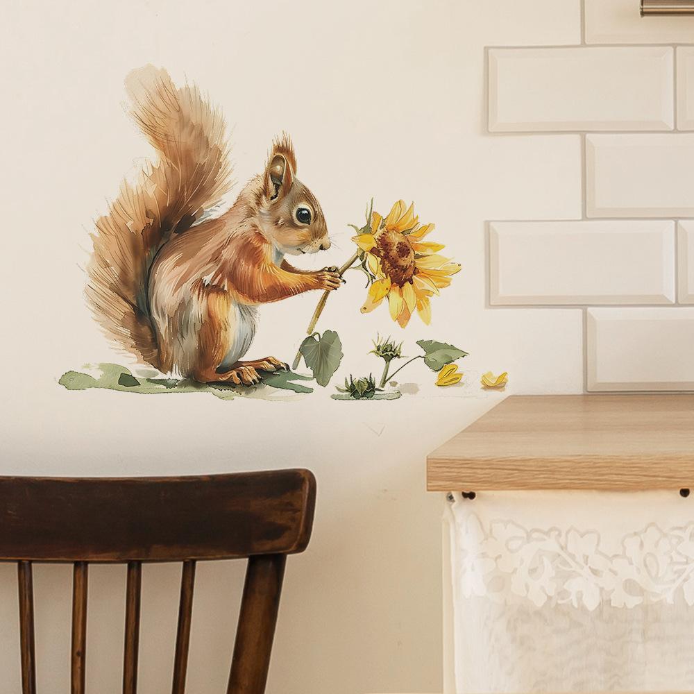Cartoon Painted Squirrel Sunflower Bedroom Living Room Background Decorative Wall Stickers