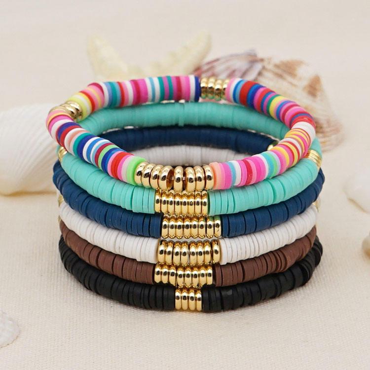 

Bohemian Gold-Plated Stainless Steel 6mm Spacer Bracelet with Polymer Clay Beads