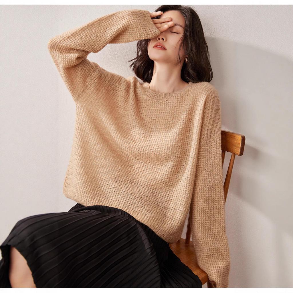 Women's Loose Fit Cashmere Pullover Sweater - Versatile Round Neck Knitted Top
