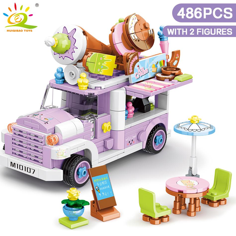 Stadtausflug Bus Burger Shop Eis Auto Bausteine Lebensmittel Street View Shop Architektur Ziegel Spielzeug für Kinder