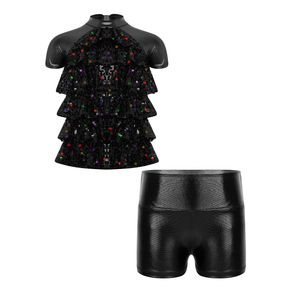 Girls Jazz Dance Costume Mock Neck Short Sleeve Tiered Ruffle Cutout Top Metallic High Waist Shorts Set