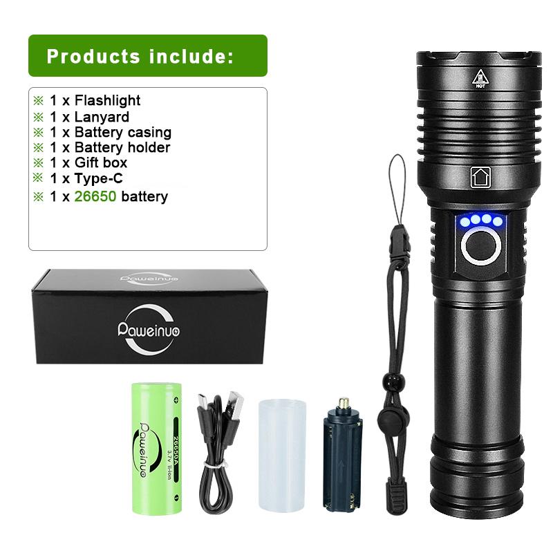 

Ультра яркий светодиодный фонарик мощностью 100000 люмен, перезаряжаемый ручной фонарик, мощный светодиодный фонарик с зумом, портативный фонарь 26650 with 26650, box