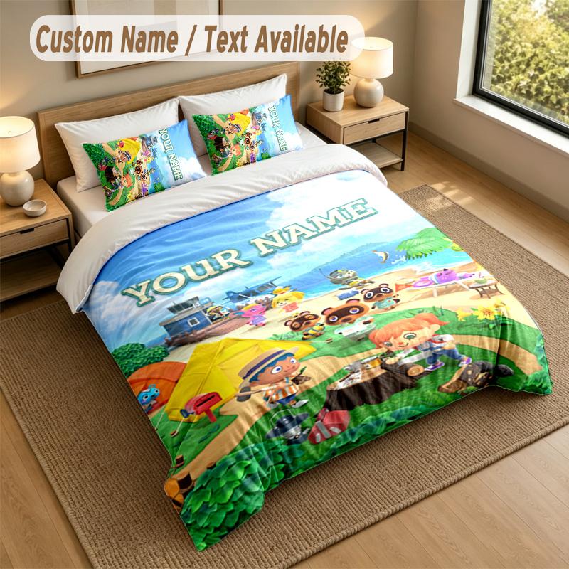 3Pcs Bedding Set Custom Name Text, 1 Sheet 2 Pillowcases Home Bed DecorAnimal Crossing