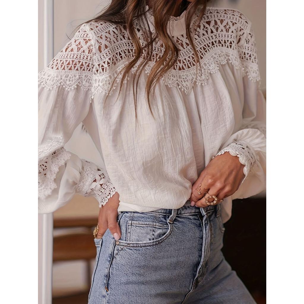 Summer Vacation Women's Sexy Crochet Hollow Out Flare Sleeve Lace Trim Crochet Cover Up Blouse Top