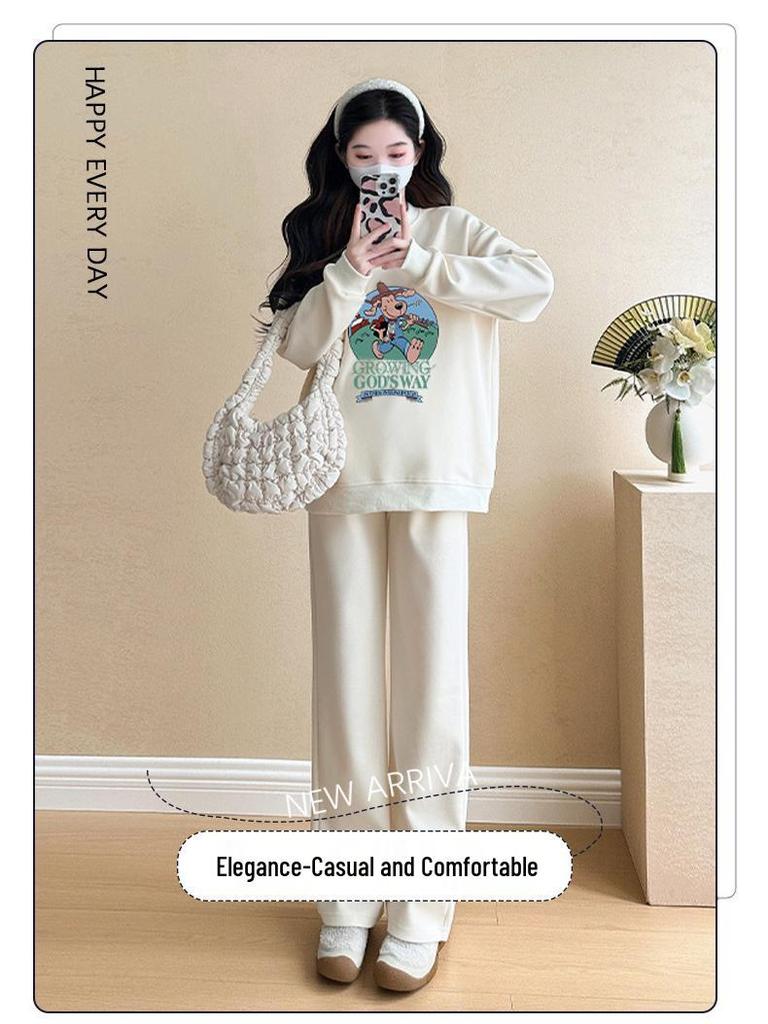Spring 2025 Age-Reducing Women's Maternity Set: Apricot Round Neck Printed Sweatshirt & Loose Pants