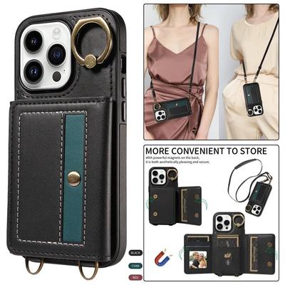 Ring Lanyard Leather Wallet Case For iPhone 15 Pro Max 14 Plus 13 Pro 12 Samsung Galaxy S24 Ultra S23 S22 21 FE A25 A15 A54 A34 A14 Flip Phone Cover