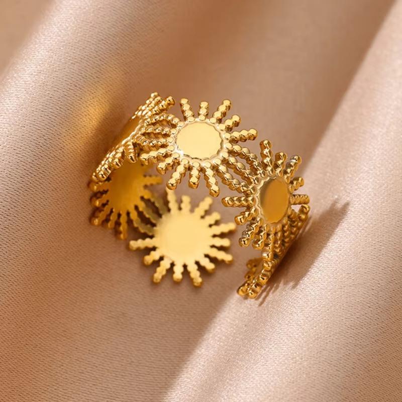 Wind Hollow Flower Sun Titanium Steel K Gold Ring Women's Hip Hop Niche Open Index Finger Ring New