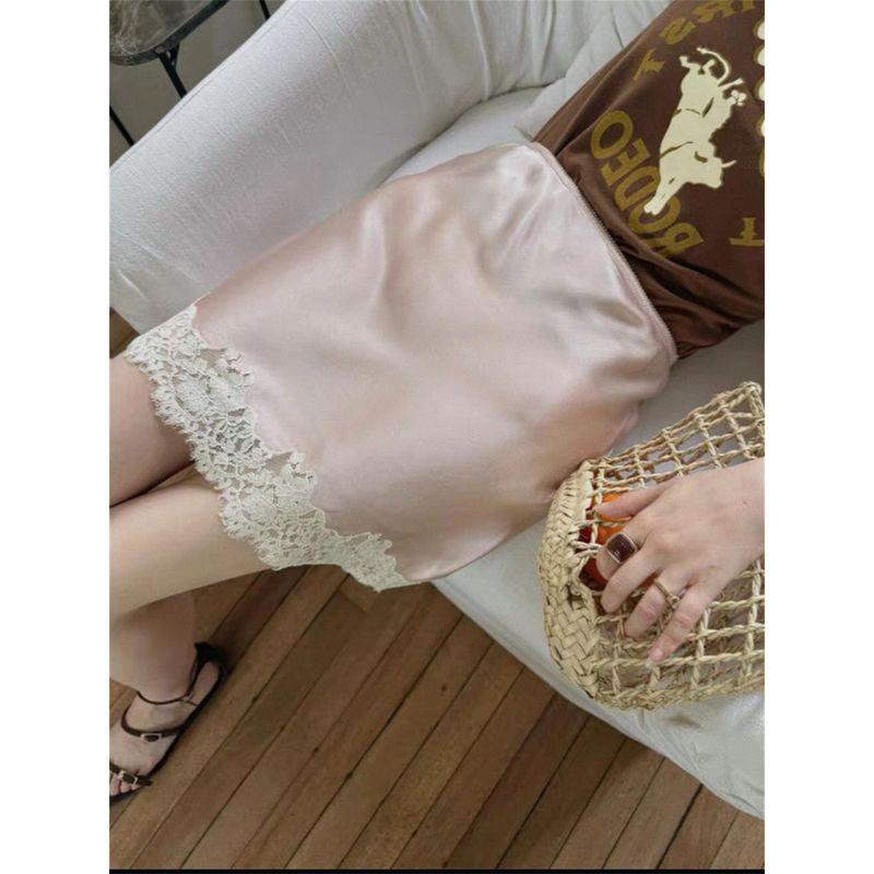 

Французский стиль Ретро Розовое Кружево Отделка Высокая Талия Платье-футляр Короткое Летнее Старый Цянь Фэн Носить Ацетатный Сатин Юбка Pink S