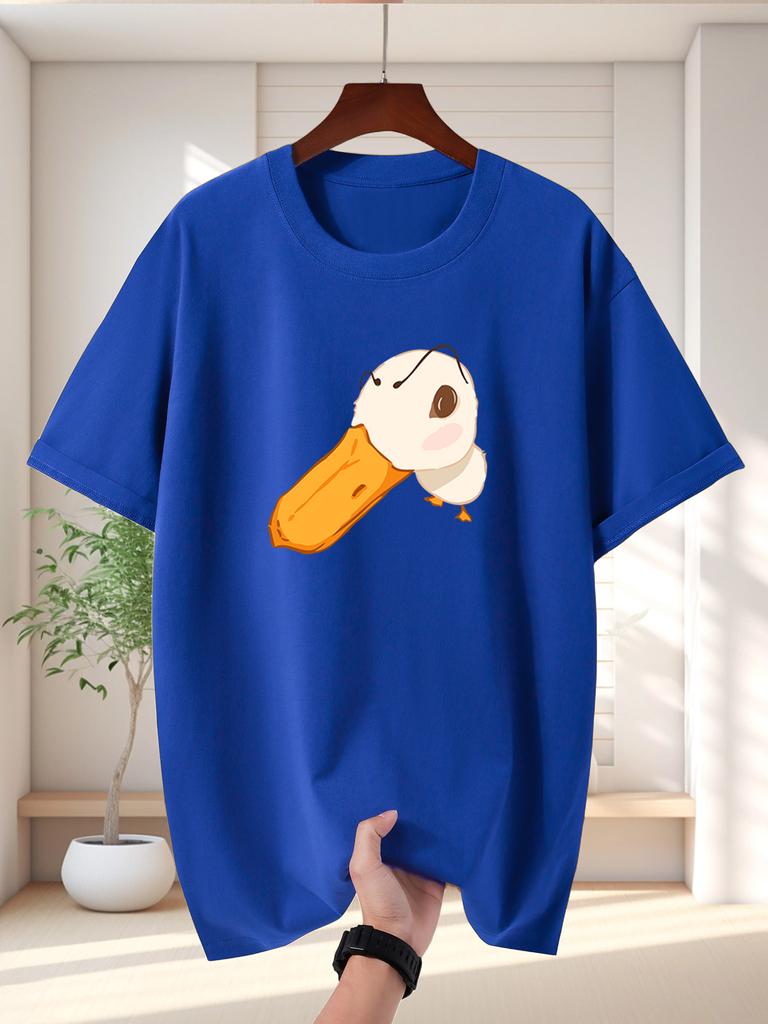 Unisex Red Tee Cute Little White Duck Cartoon Head Graphic Print Crew Neck Short Sleeve Summer Casual Male Cotton Street Daily Top