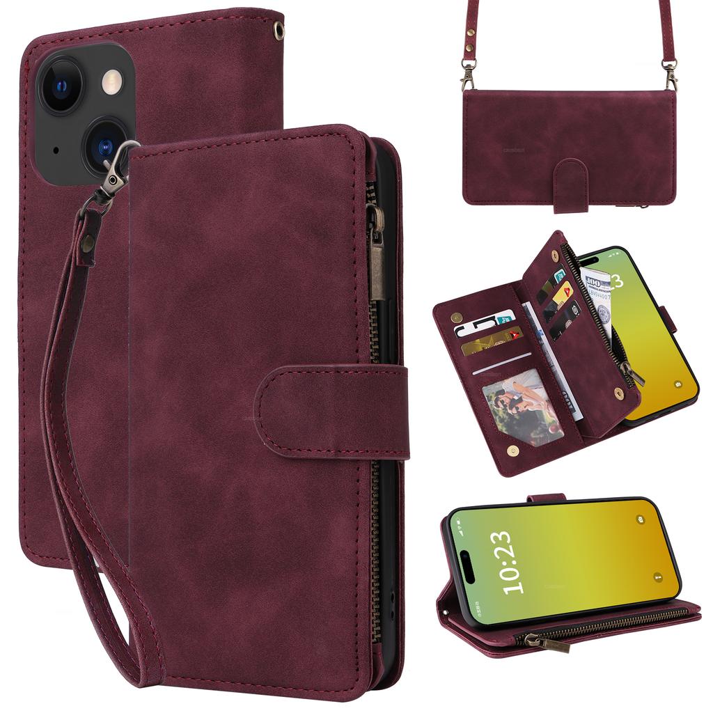 For iPhone 15 Plus Case Zipper Multi-Pocket Wallet Leather Phone Cover with Shoulder and Wrist Straps