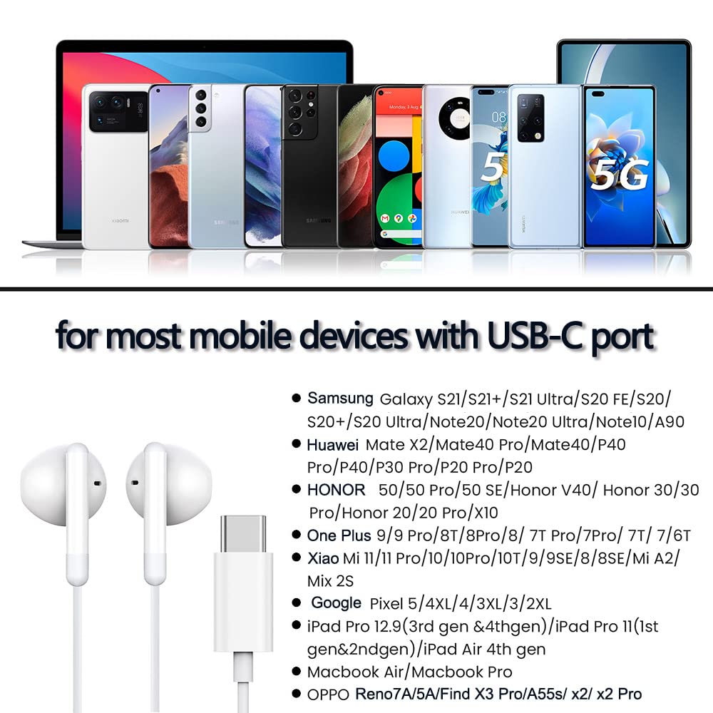 Wired Type-C Earphones with Mic, High-Sensitivity MEMS Microphone, Compatible with iPhone 15 Pro Max, Galaxy, Xiaomi, OnePlus, OPPO, Pixel 7, and