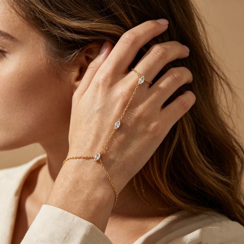 Retro Diamond Copper Zircon Finger Chain Ring For Women Stylish Simple Fashionable Jewelry Gift