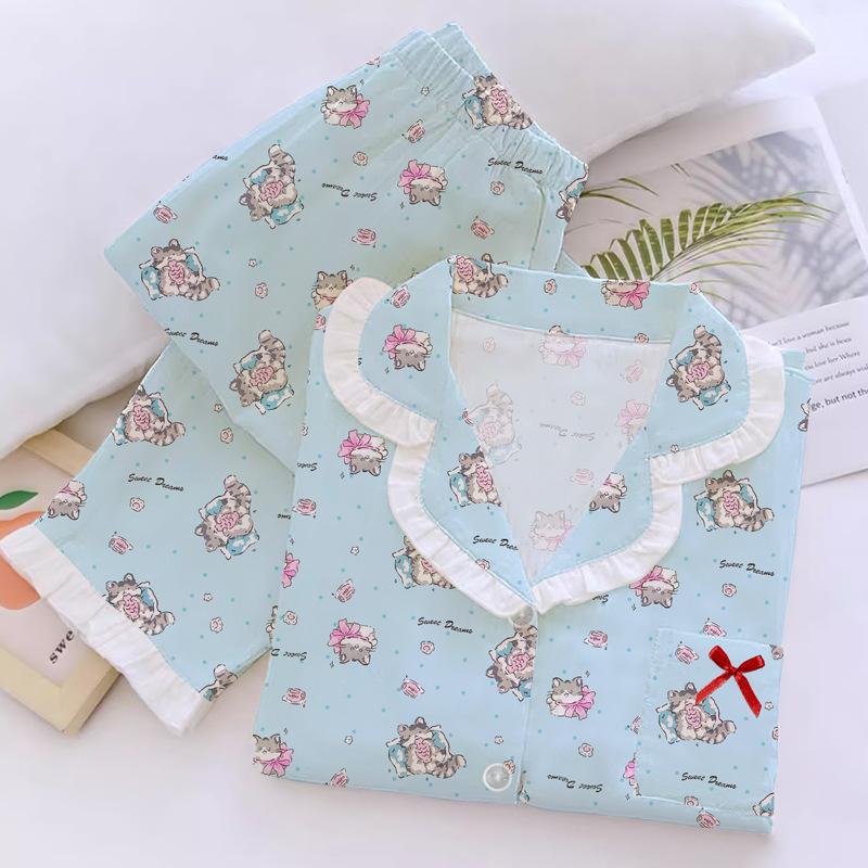 

Женская пижама из имитации хлопка в комичном стиле, весенне-осенний комплект для дома с лацканами и кружевом, с длинным рукавом 2XL [Recommended 130-72.5kg]