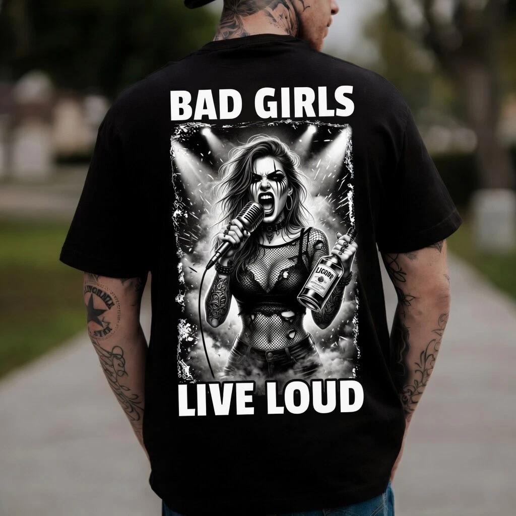 Bad Girls Live Loud Black Graphic T-Shirt Rockstar Tattoo Edgy Tee L