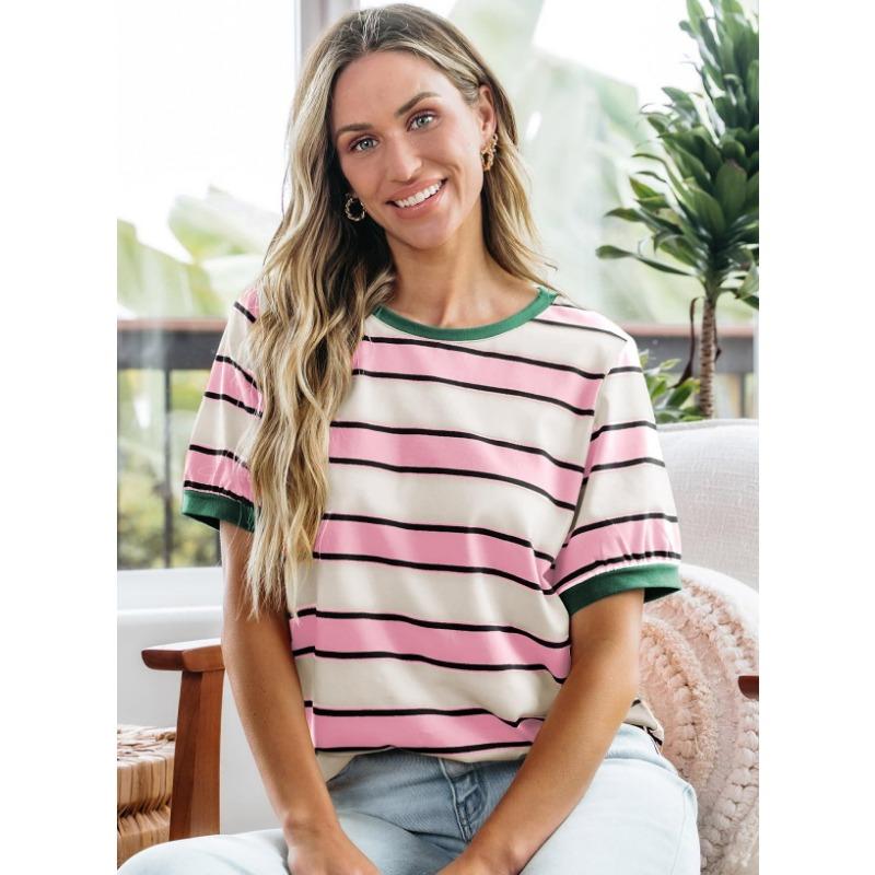 Womens Striped Contrast Color Loose Round Neck Short Sleeve Casual T Shirt