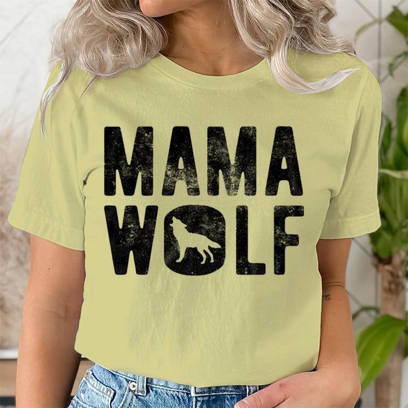Mama Wolf Print T Shirt for Women Kawaii Graphic Shirts Casual Short Sleeved Black Vintage Female Tee O-neck Harajuku T-shirts