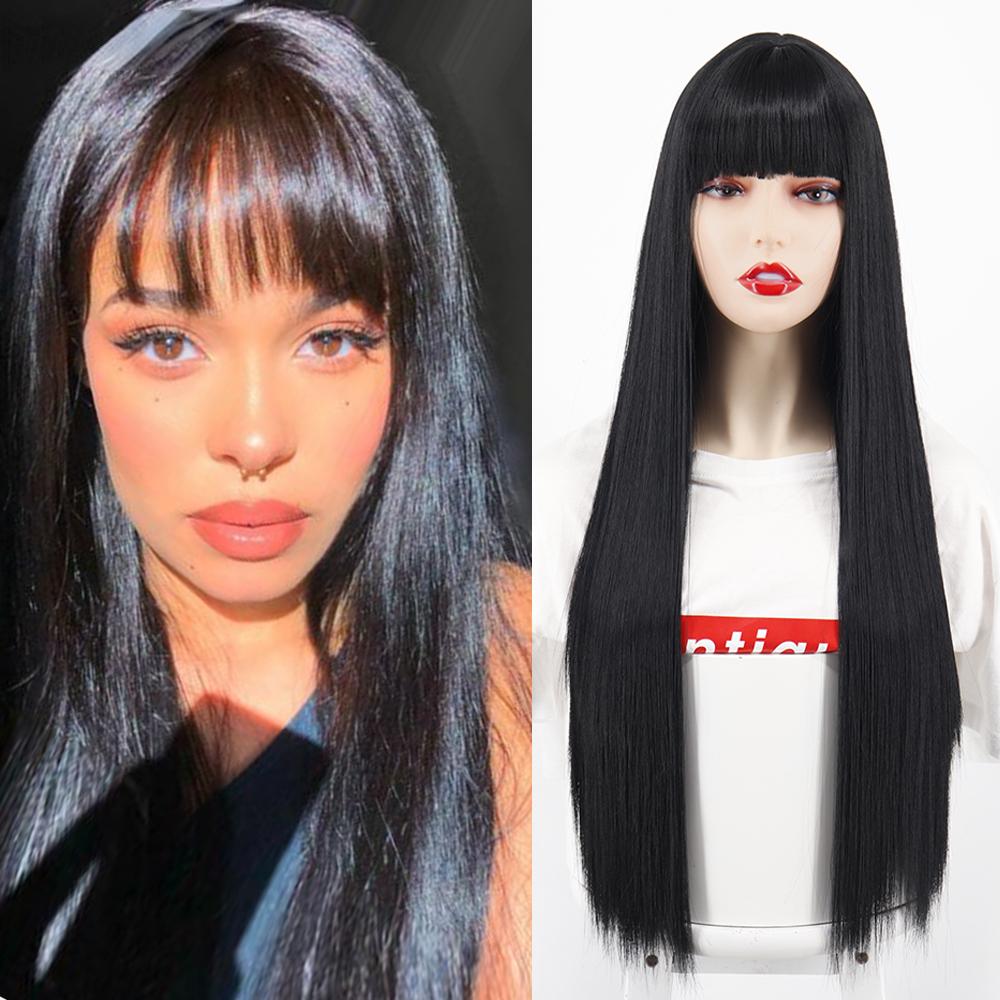 MERISIHAIR Brown Long Straight Wig with Blunt Bangs Synthetic Heat Resistant Fiber Wig for Women Daily Wear