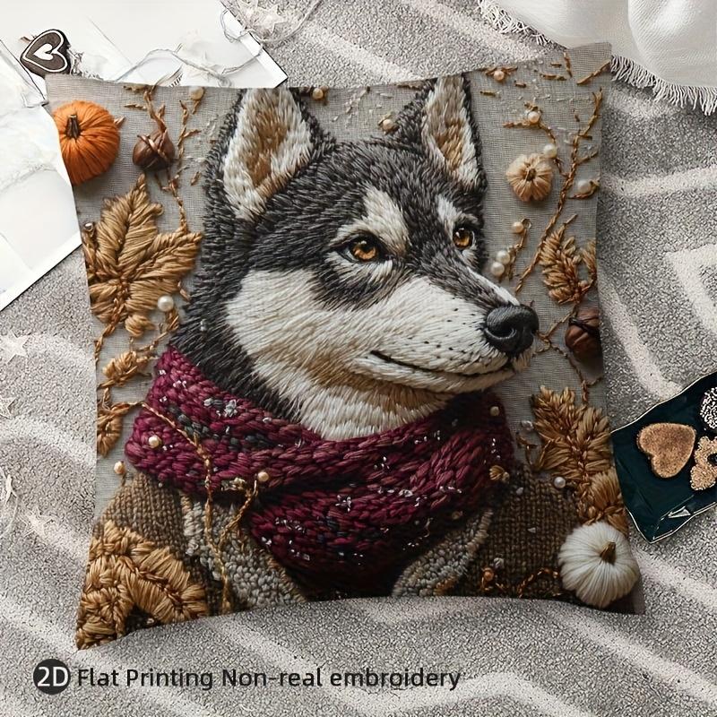 1pc Autumn Husky Throw Pillow Cover, 45.72x45.72 cm - Cozy Polyester, Vibrant Husky Design with Fall Leaves & Pumpkins, Zipper Closure - Machine Washa