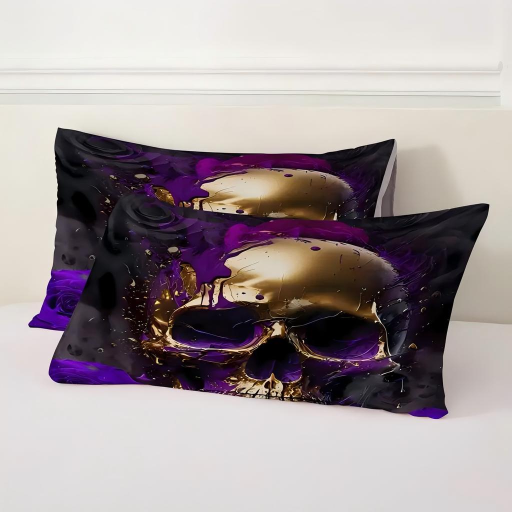 Violet Rose Golden Skull Pattern 3D Print Duvet Cover Halloween Gothic Style Bedding Set With Pillowcase Polyester Quilt Cover