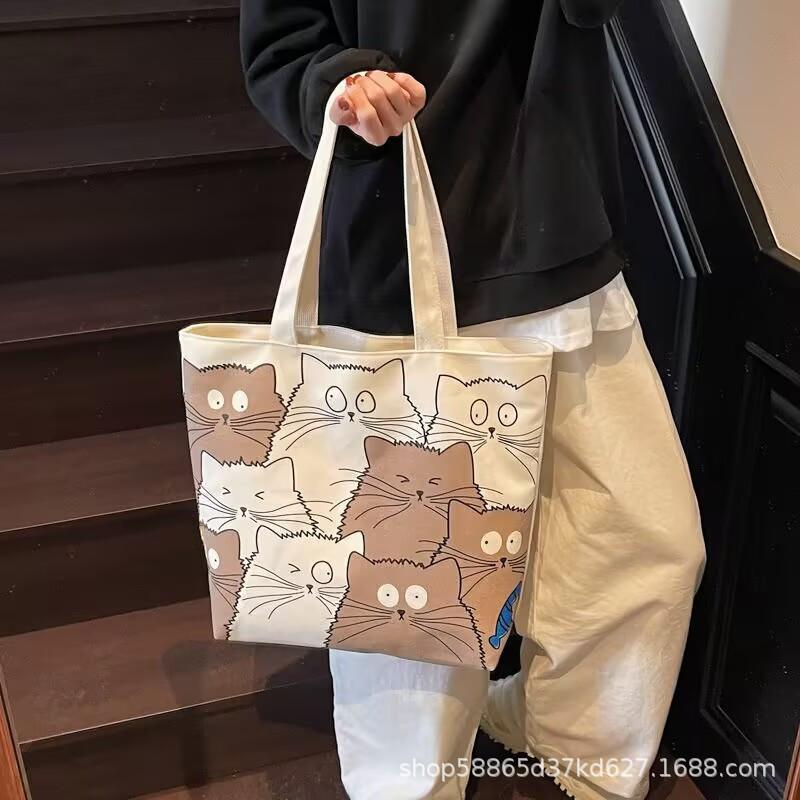 Cute cat ins large capacity tote bag commuter bag shopping bag versatile large canvas bag tote shoulder bag