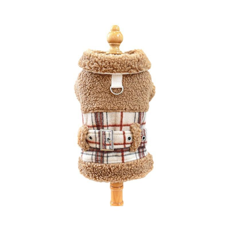 Pet Plaid Woolen Patchwork Lamb Wool Coat Teddy Cat Clothes Autumn and Winter Plaid Coat Two Legged Coat Puppy Clothes