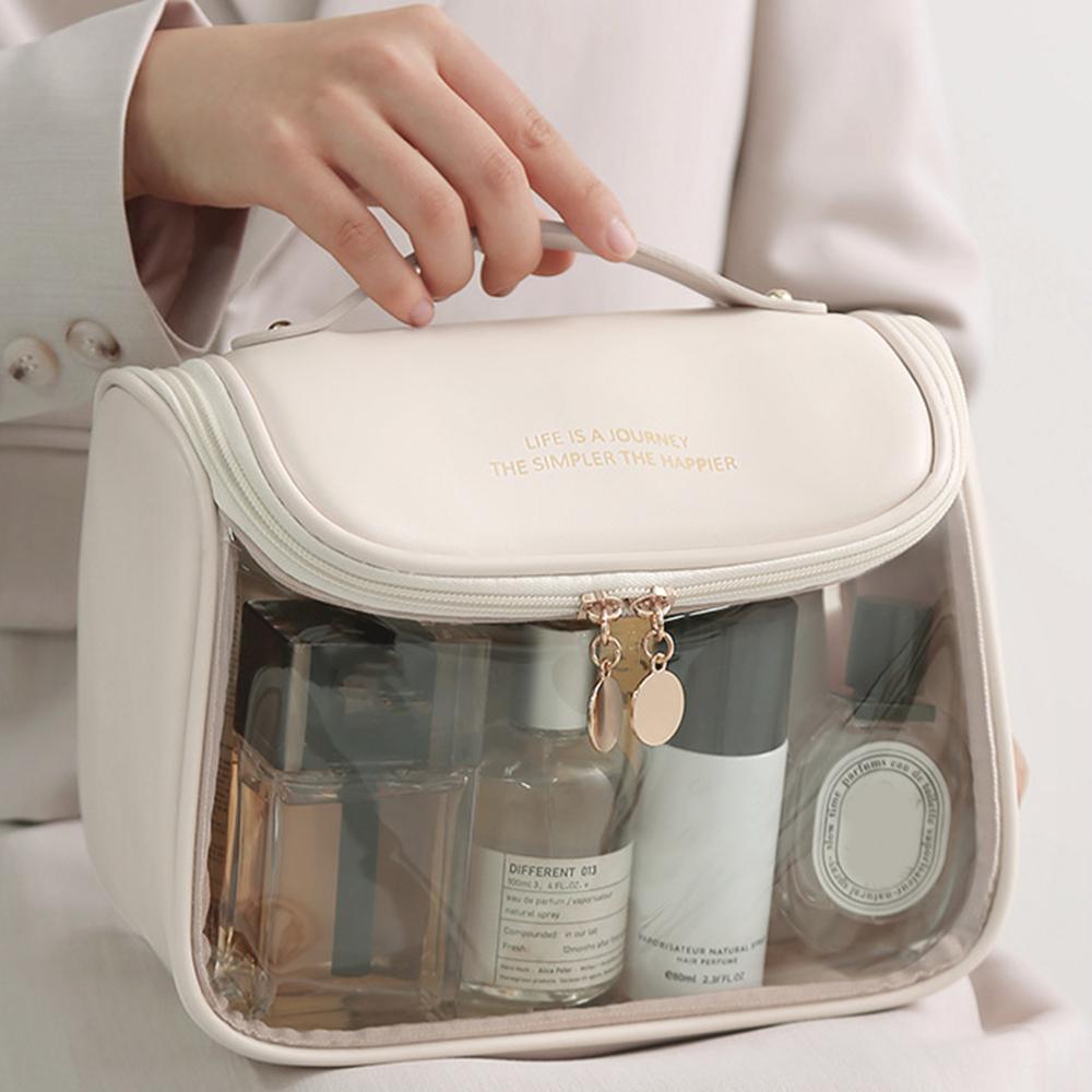 HK8297 Waterproof Clear Design Makeup Bag Large Capacity Cosmetic Bag PU Leather+PVC Travel Toiletry Organizer with Portable Handle Strap