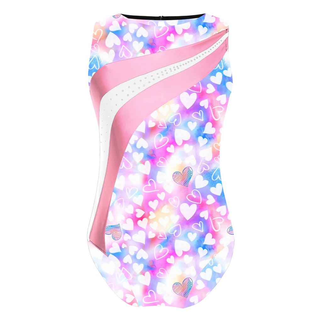 Kids Girls Sport Dance Leotard Sleeveless Keyhole Back Print Patchwork Athletic Bodysuit Teens Yoga Skating Gymnastics Jumpsuit