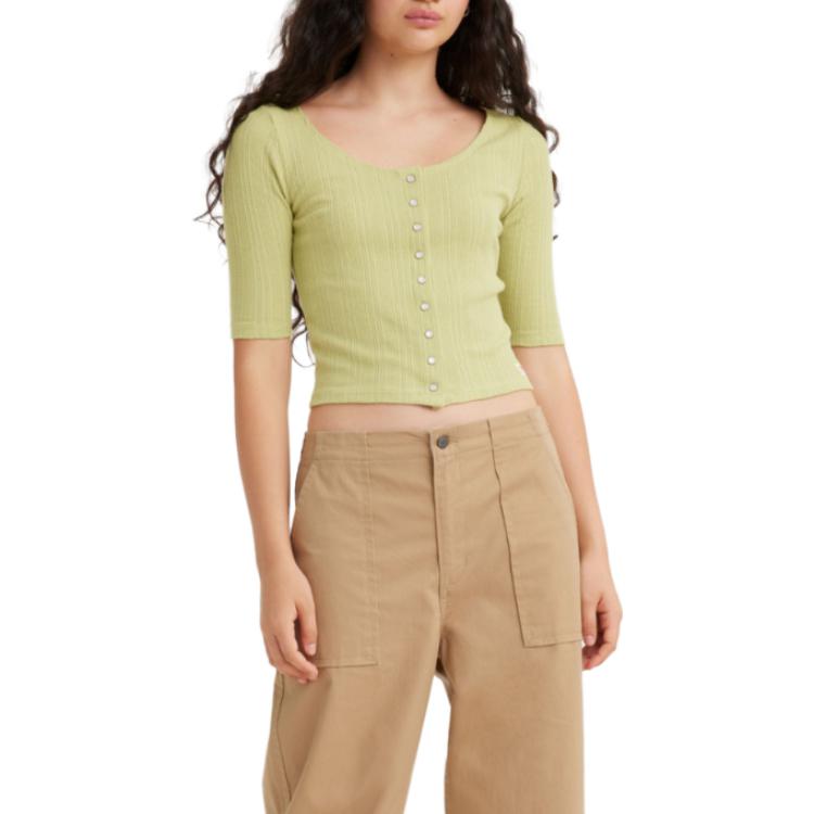 Levis Solid Color Round Neck Ribbed Slim Fit Knitted Cardigan Women Cardigans Green A4769-0003