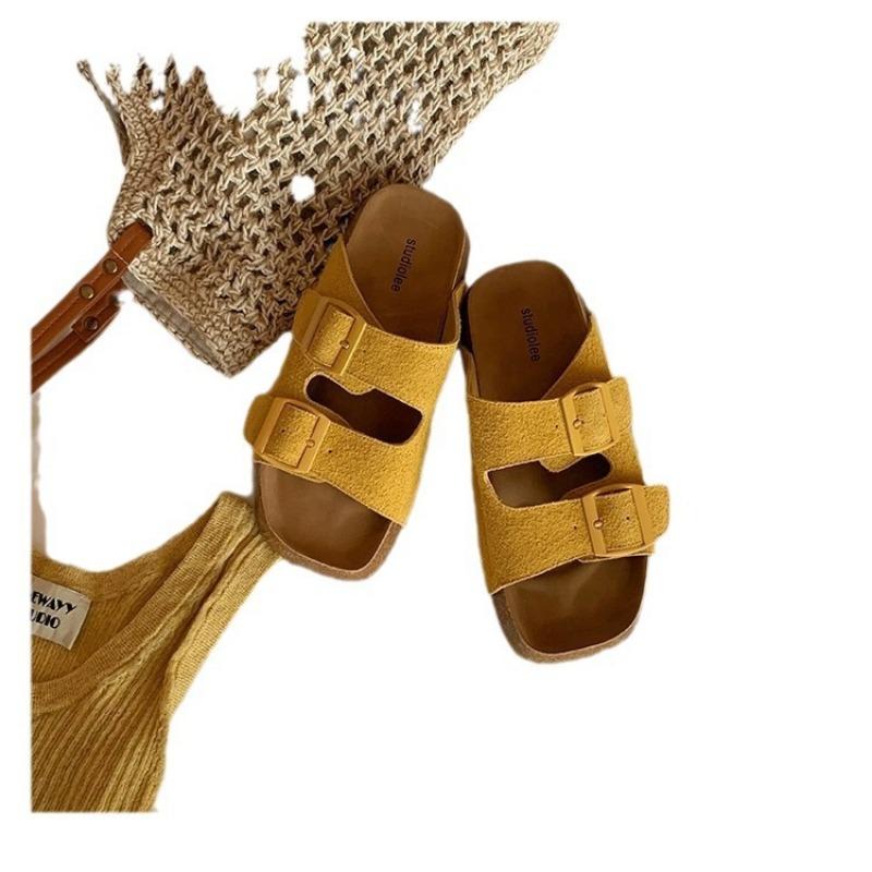 Da Mimi Bokenxia one-word soft leather burst pattern thick bottom cool slippers wear beach girl