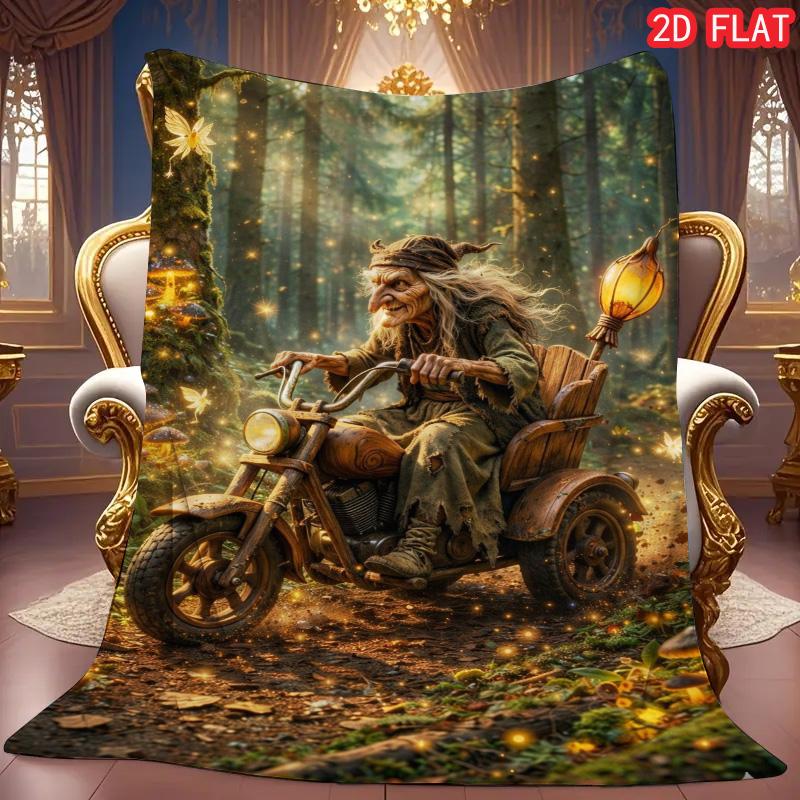Enchanted Forest Witch on Motorcycle Flannel Blanket, Soft Warm Throw for Kids Bedroom 80cm x 120cm