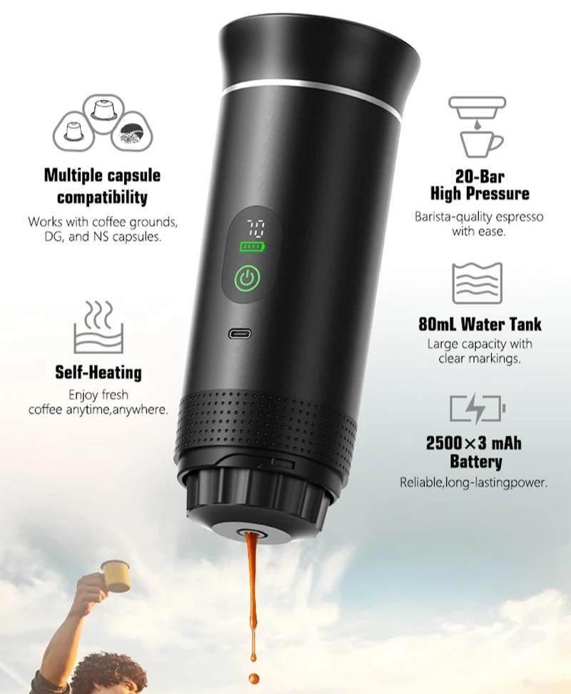 Portable Espresso Coffee Machine With Digital Display 3-in-1 Capsule Coffee Maker for Car & Home Camping Coffee Maker
