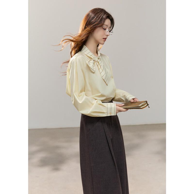 Mishow Women's Patchwork Striped Yellow Pussy-Bow Shirt