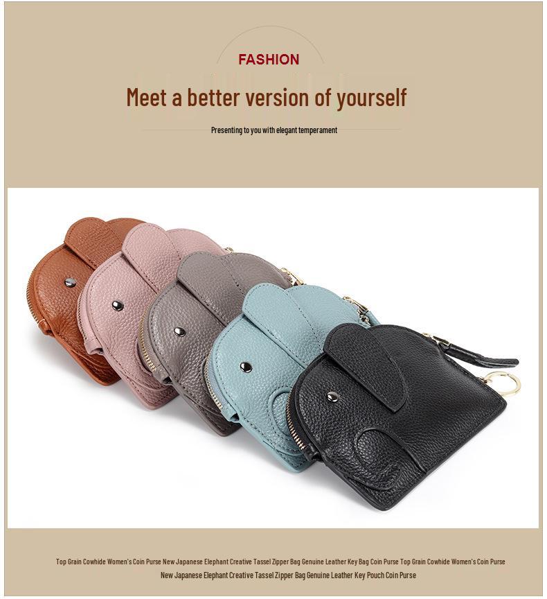 Women's Top Grain Cowhide Mini Coin Purse with Elephant Keychain - Cute, Japanese Style, Real Leather, Super Thin