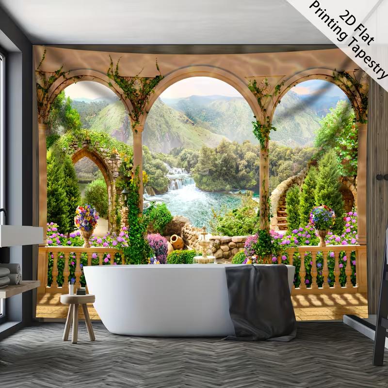 Renaissance Garden Tapestry Waterfall Forest View Balcony Arch Wall Hanging Backdrop