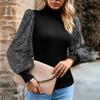 Womem Herbst Winter Halb Hoher Kragen Langarm Pailletten Panel Stricken Top Einfarbig Pullover