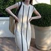 Chic Design Contrast Stripe Ice Silk Knitted Sleeveless Dress for Women, Summer Casual Gentle Style Skirt