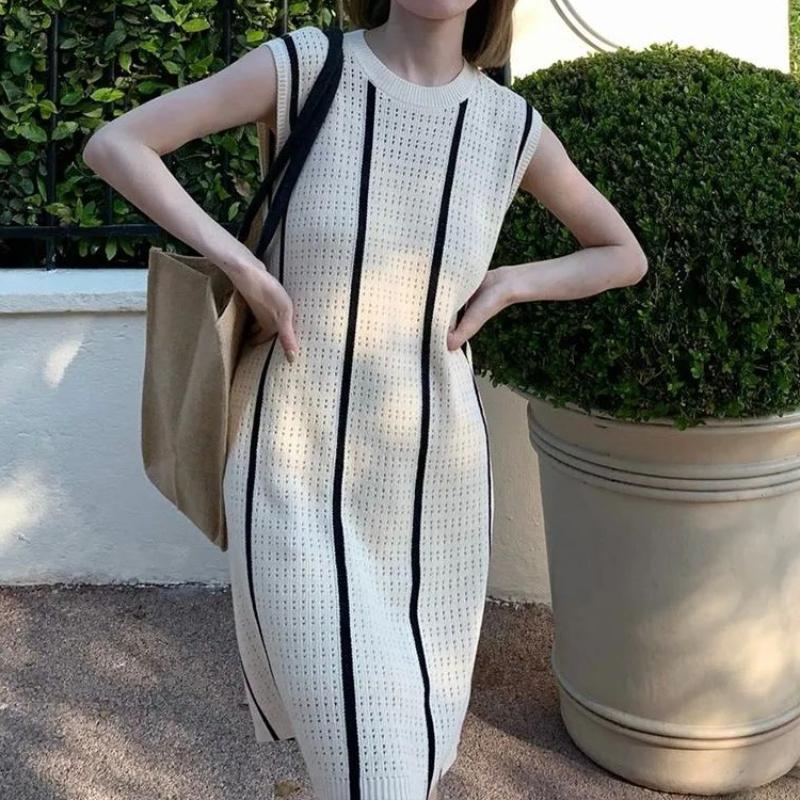 Chic Design Contrast Stripe Ice Silk Knitted Sleeveless Dress for Women, Summer Casual Gentle Style Skirt