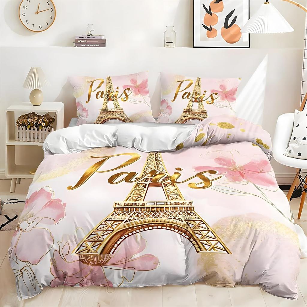 Golden Eiffel Tower Duvet Cover Single Romantic Paris Bedding Sets Abstract Soft Microfiber Quilt Cover With Pillowcases 50x75cm