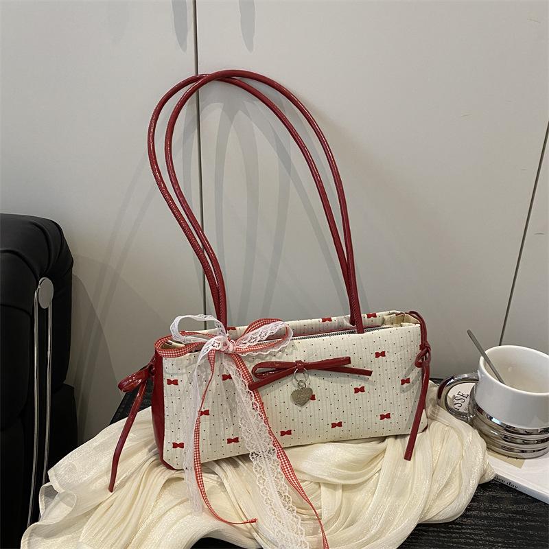

Bow baguette bag casual summer fashion polka dot shoulder bag portable commuter bag underarm bag Without pendant