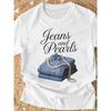 Jeans Perlen Grafik Damen T-Shirt 220g Reine Baumwolle Kurzarm Rundhals Lässiges Oberteil mit Jeans Perlen Design