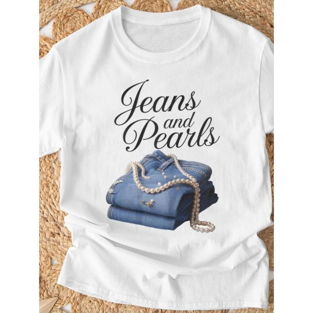 Jeans  Pearls Graphic Womens TShirt  220g Pure Cotton Short Sleeve Round Neck Casual Top with Denim  Pearl Design