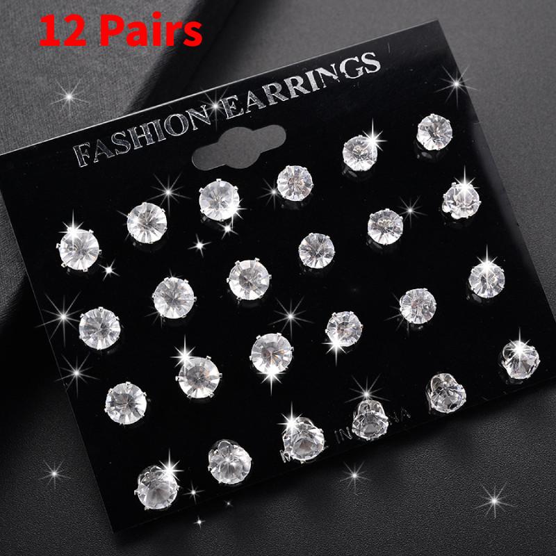 Cubic 24pcs Womens Exquisite Big Zircon Crystal Stud Earrings Sterling Silver