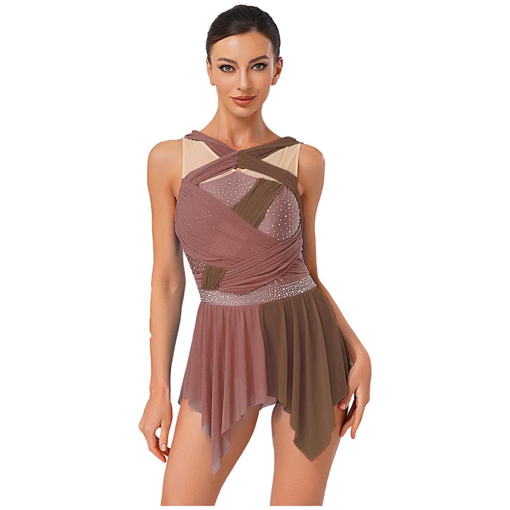 Womens Lyrical Dance Dress Rhinestone Color Block Mesh Design Ruched Twisted Knot Irregular Hem Leotard