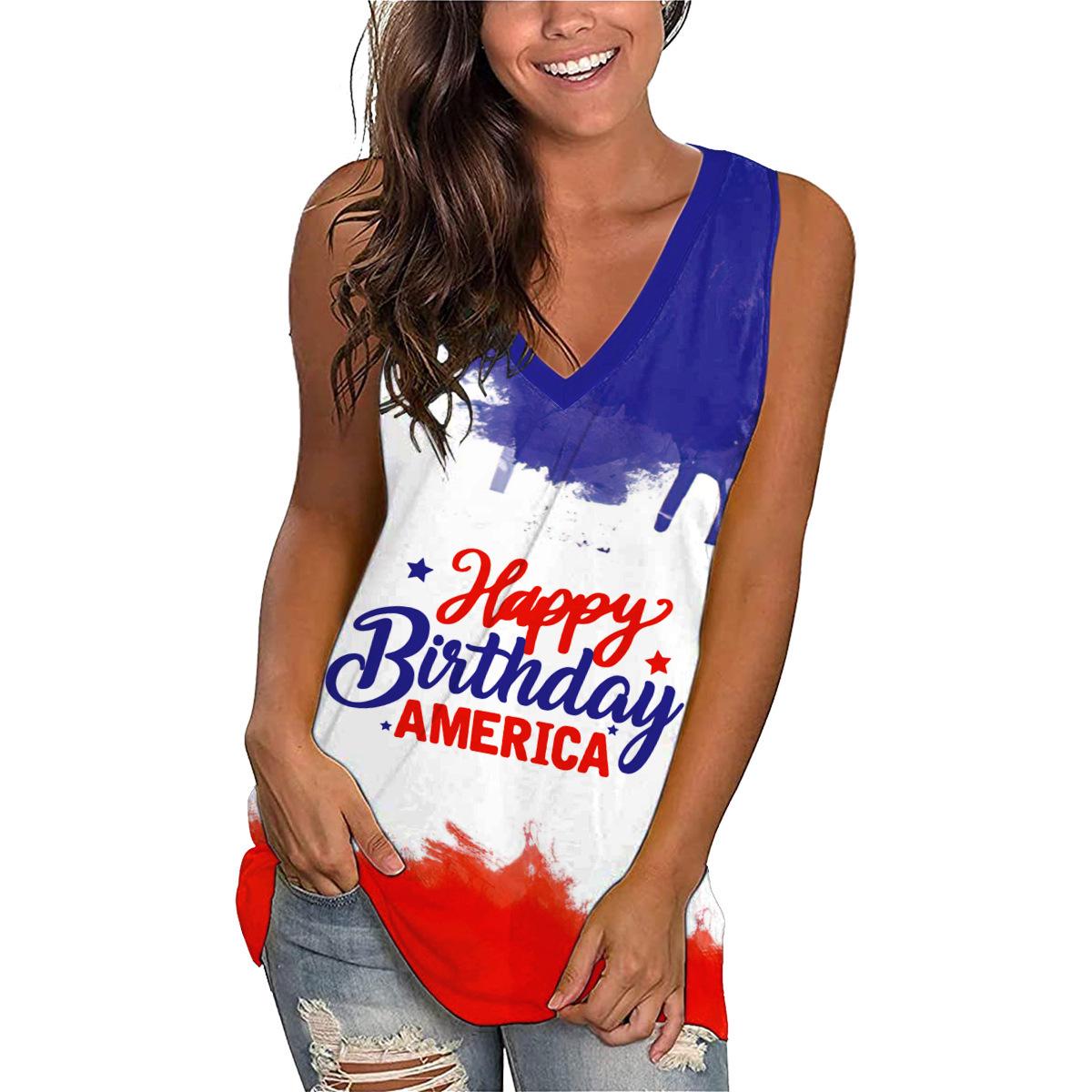 

2026 Spring/Summer Women s Plus Size Sleeveless T-shirt - Loose Fit, Independence Day Digital Print Casual Vest Large