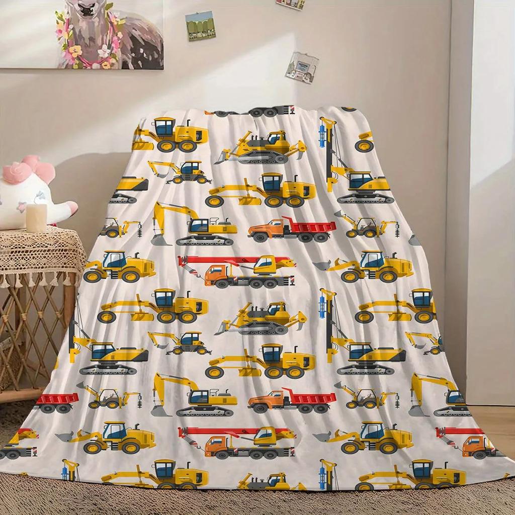 Print Flannel Blanket – Trailer, Excavator & Engineering Car Design, Soft Comfortable for Sofa, Bed, Office, Home Decor, Gift