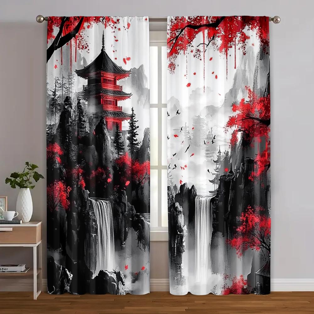 

2pcs Window Curtain 2D print Japanese Mountain Ink Painting 100% Polyester (without rod) Art Deco Festive for Living Room & 100*130 HOOK 1pcs