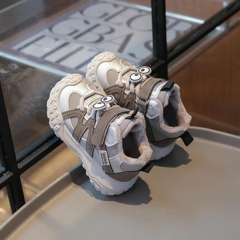 Boys Girls Running Shoes with Cute Eyes Kids Sneakers Thick Soft Sole 2024 New Fashion Children Sports Shoes with Fur Hook&loop