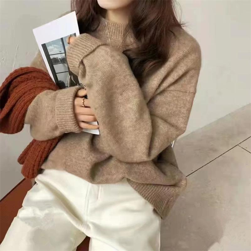 Solid Color Knit Sweater Pullover Sweater Female Autumn and Winter Soft and Glutinous Loose Outer Wear Gentle Wind Inside The Bottoming Shirt